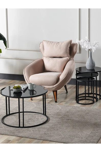 SEDAŞ LIVING UNITS 4 Lü Siyah Temperli Kırılmaz Cam Siyah Metal Ayaklı Cam C Model Sehpa Takımı (ZİGON VE ORTA) - 1