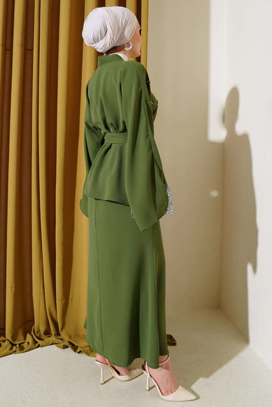 Taşlı İnci Süslemeli Etekli İkili Takım Haki - Resim 3