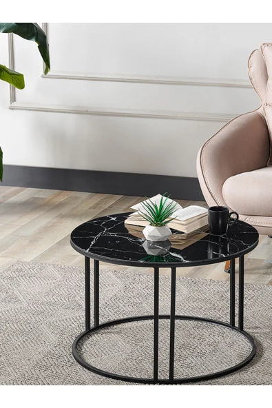 SEDAŞ LIVING UNITS Salon Orta Sehpa Siyah Mermer Desenli Temperli Cam (SİYAH) Metal Ayak Orta Sehpa