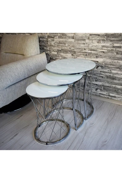 SEDAŞ LIVING UNITS 3 lü Hasır Model Beyaz (Temperli Cam) Gümüş Ayak Zigon Sehpa