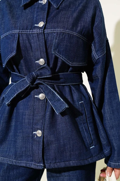 Göğüs Cep Kapaklı Kuşaklı Kot İkili Takım Lacivert - Resim 4