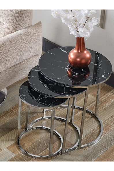 SEDAŞ LIVING UNITS 4 Lü Siyah Mermer Temperli Kırılmaz Cam Gümüş Metal Ayaklı Cam C Model Sehpa Takımı (ZİGON VE ORTA) - 4