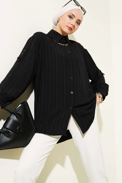 Kol Apoletli Ağaç Kabuğu Gömlek Siyah ürün görseli 1