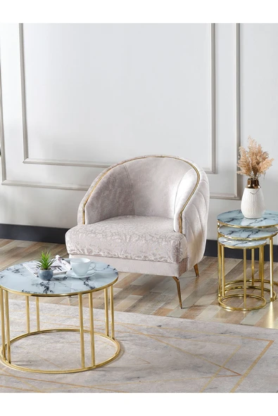 SEDAŞ LIVING UNITS 4 Lü Beyaz Mermer Temperli Kırılmaz Cam Gold Metal Ayaklı Cam C Model Sehpa Takımı (ZİGON VE ORTA)