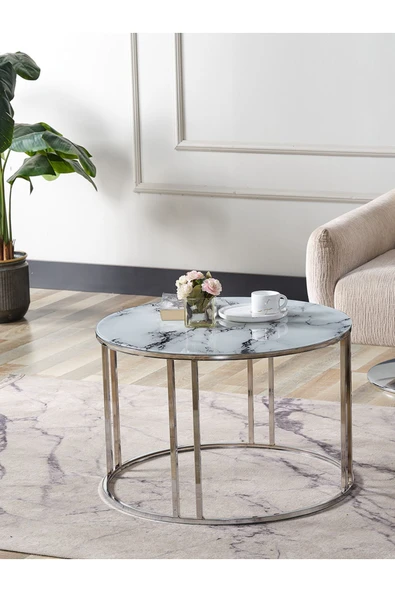 SEDAŞ LIVING UNITS Salon Orta Temperli BEYAZ MERMER (Kırılmaz) Cam (GÜMÜŞ) Metal Ayak Orta Sehpa