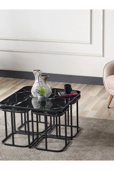 SEDAŞ LIVING UNITS PELİKAN 4+1 SİYAH MERMER TEMPERLİ CAM SİYAH METAL AYAK TAKIM SEHPA - Resim 2