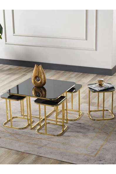 SEDAŞ LIVING UNITS PELİKAN 4+1 SİYAH AYNALI TEMPERLİ CAM GOLD METAL AYAK TAKIM SEHPA sedaş_lıvıng_unıts_sehpa - 1