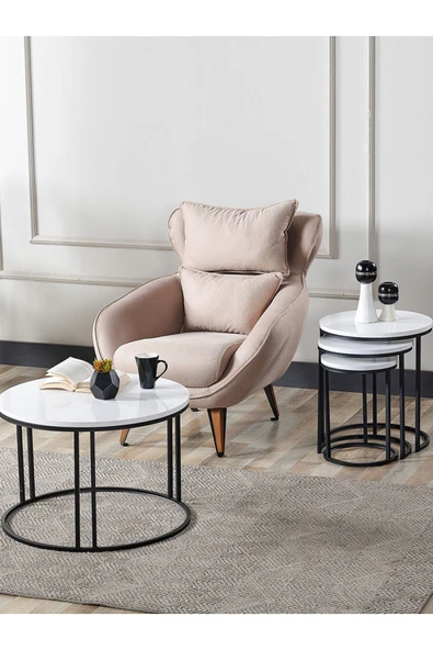 SEDAŞ LIVING UNITS 4 Lü Beyaz Suntalam Siyah Metal Ayaklı Cam C Model Sehpa Takımı (ZİGON VE ORTA) ürün görseli