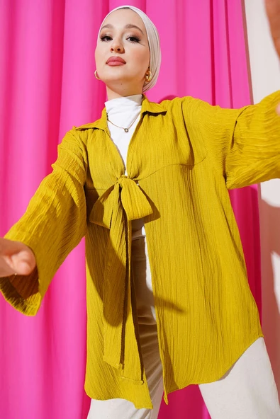 Önü Bağlamalı Krinkıl Kimono Yağ Yeşili