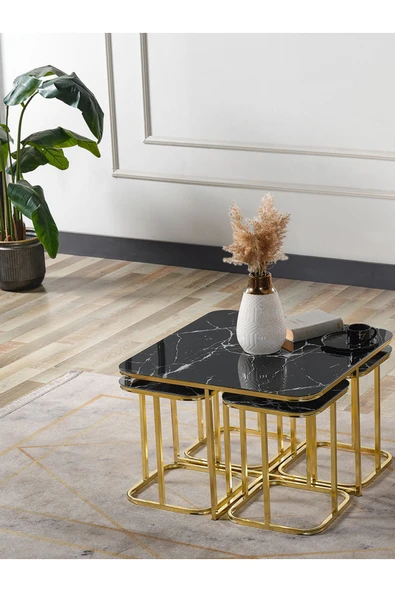 SEDAŞ LIVING UNITS PELİKAN 4+1 SİYAH MERMER TEMPERLİ CAM GOLD METAL AYAK TAKIM SEHPA sedaş_lıvıng_unıts_sehpa - 2