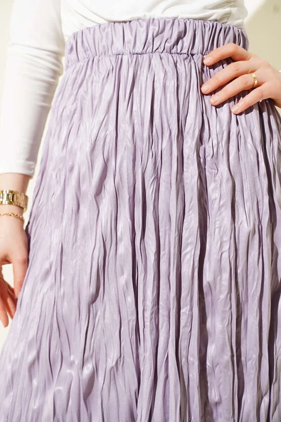 Deri Görünümlü Kırışık Etek Lila - Resim 4