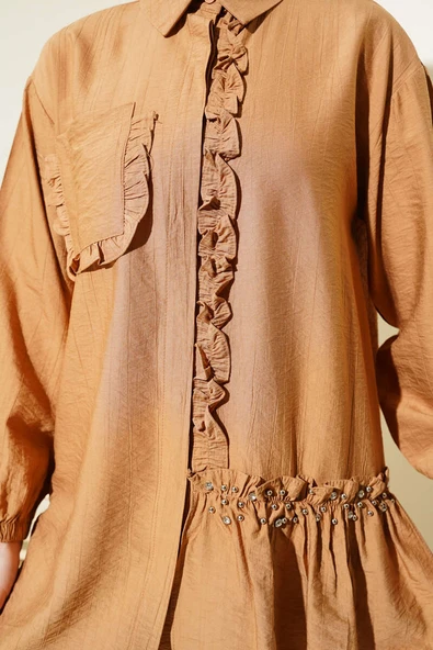 Taşlı Fırfırlı Gömlek Camel - Resim 4