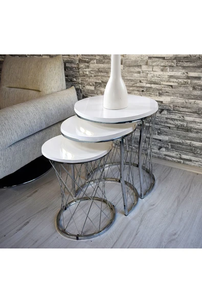 SEDAŞ LIVING UNITS 3 LÜ Hasır Telli Beyaz Suntalam Gümüş Metal Ayak Zigon Sehpa Sehpa-takimi-zigon-sehba