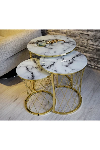 SEDAŞ LIVING UNITS Hasır Telli Beyaz Mermer Temperli Kirilmaz Cam Gold Metal Ayak Zigon Sehpa - 2