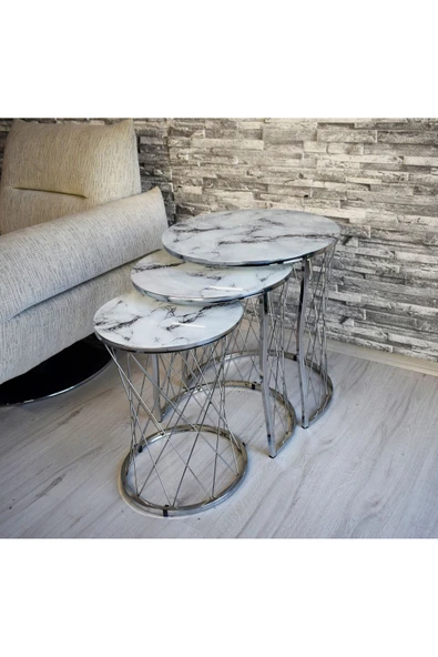 SEDAŞ LIVING UNITS 3 lü Hasır Model Beyaz Mermer (Temperli Cam) Gümüş Ayak Zigon Sehpa