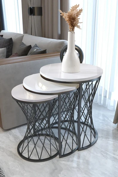 SEDAŞ LIVING UNITS 3 LÜ Hasır Telli Beyaz Suntalam Metal Ayak Zigon Sehpa Sehpa-takimi-zigon-sehba