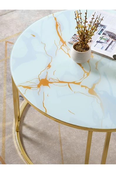 SEDAŞ LIVING UNITS 4 Lü Sarı Mermer Temperli Kırılmaz Cam Gold Metal Ayaklı Cam C Model Sehpa Takımı (ZİGON VE ORTA) - 4