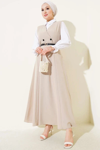 Kruvaze Yaka Kemerli Jile Elbise Bej ürün görseli 1