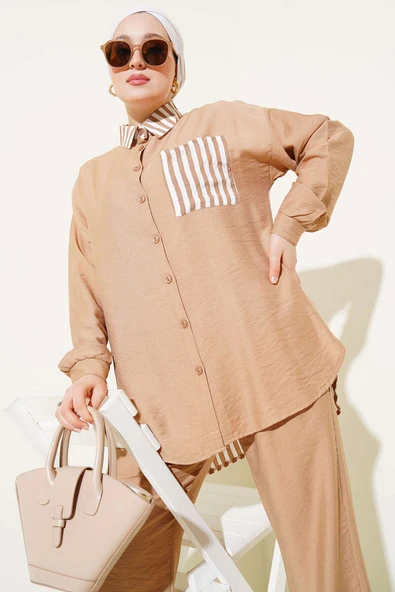 Çizgi Detaylı Cepli Gömlek İkili Takım Latte - Resim 2