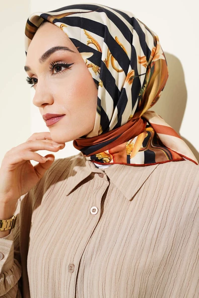 Şeritli Çiçek Desen Rayon Eşarp Oranj - 2