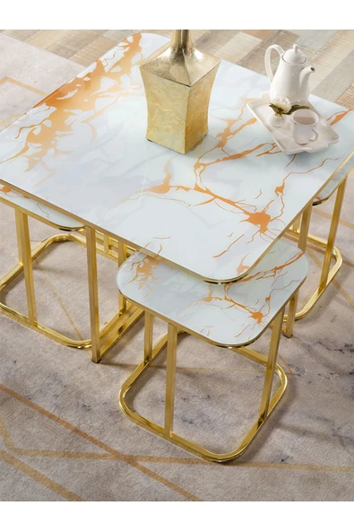 SEDAŞ LIVING UNITS PELİKAN 4+1 SARI MERMER TEMPERLİ CAM GOLD METAL AYAK TAKIM SEHPA - 3