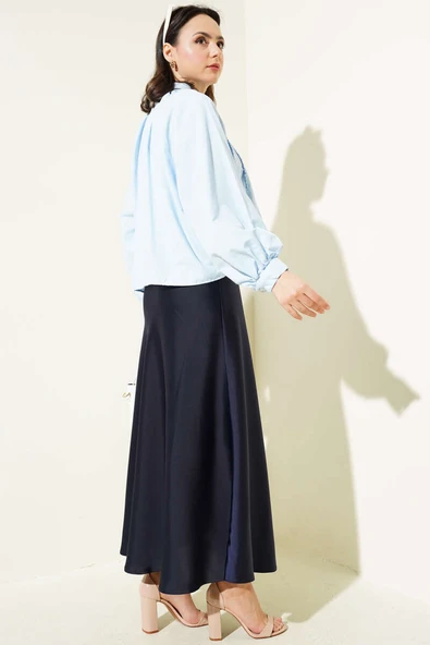 Balon Kol Taş Düğmeli Kısa Gömlek Bebe Mavi - Resim 3