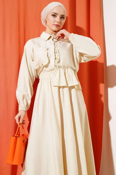 Taşlı Fırfırlı Etekli İkili Takım Bej - Resim 2