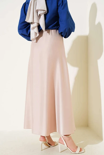 Beli Lastikli Kloş Saten Etek Bej - Resim 3