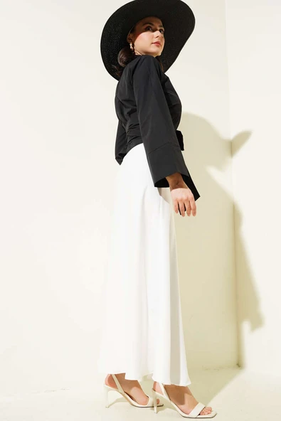 Yandan Bağlamalı Çapraz Düğmeli Kısa Gömlek Siyah - Resim 3