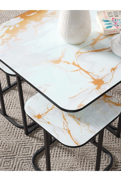 SEDAŞ LIVING UNITS PELİKAN 4+1 SARI MERMER TEMPERLİ CAM SİYAH METAL AYAK TAKIM SEHPA sedaş_lıvıng_unıts_sehpa - 3