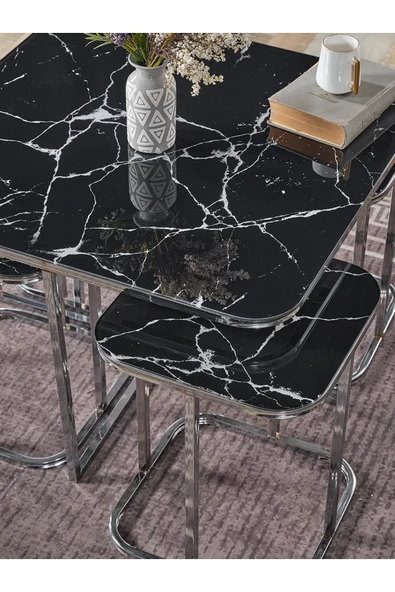 SEDAŞ LIVING UNITS PELİKAN 4+1 SİYAH MERMER TEMPERLİ CAM GÜMÜŞ METAL AYAK TAKIM SEHPA sedaş_lıvıng_unıts_sehpa - 3