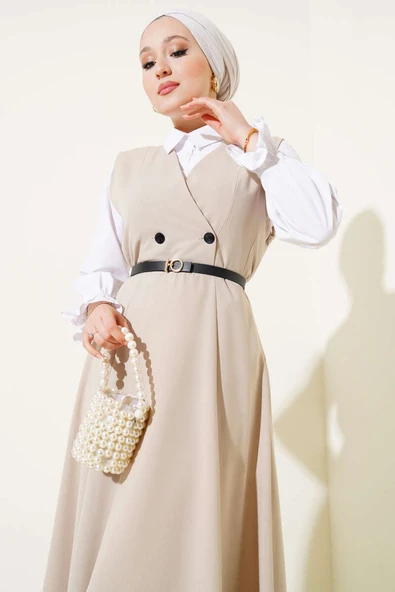 Kruvaze Yaka Kemerli Jile Elbise Bej - Resim 2