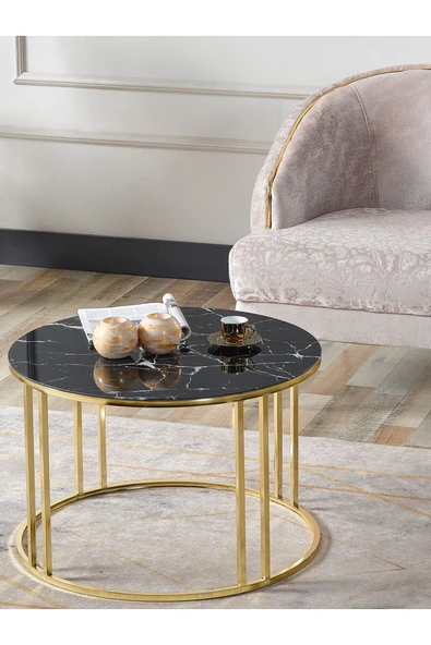 SEDAŞ LIVING UNITS 4 Lü Siyah Mermer Temperli Kırılmaz Cam Gold Metal Ayaklı Cam C Model Sehpa Takımı (ZİGON VE ORTA) - 3