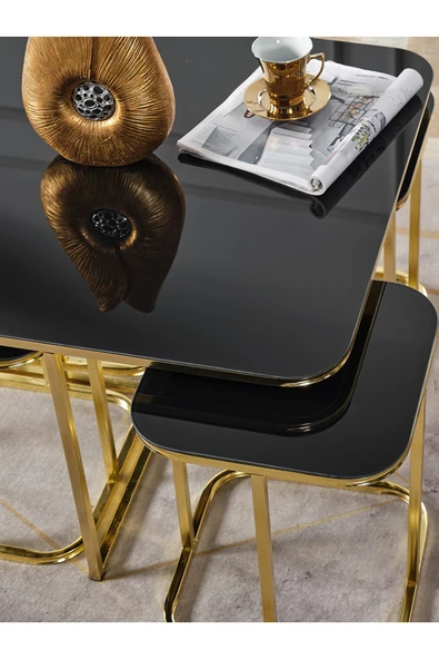 SEDAŞ LIVING UNITS PELİKAN 4+1 SİYAH AYNALI TEMPERLİ CAM GOLD METAL AYAK TAKIM SEHPA sedaş_lıvıng_unıts_sehpa - 3