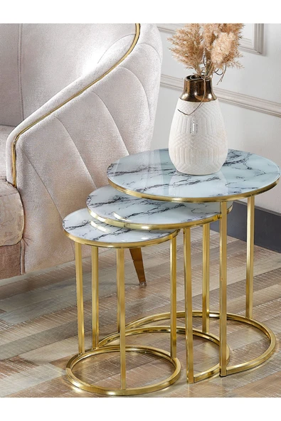 SEDAŞ LIVING UNITS 4 Lü Beyaz Mermer Temperli Kırılmaz Cam Gold Metal Ayaklı Cam C Model Sehpa Takımı (ZİGON VE ORTA) - 3