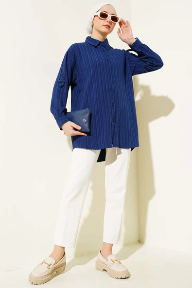 Kol Apoletli Ağaç Kabuğu Gömlek Lacivert - Resim 2