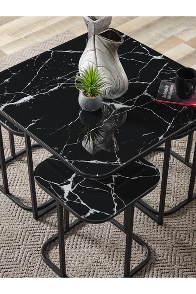 SEDAŞ LIVING UNITS PELİKAN 4+1 SİYAH MERMER TEMPERLİ CAM SİYAH METAL AYAK TAKIM SEHPA - Resim 3