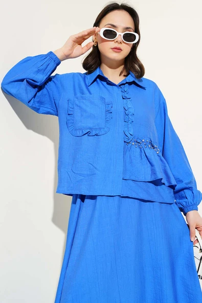 Taşlı Fırfırlı Etekli İkili Takım Saks - Resim 2