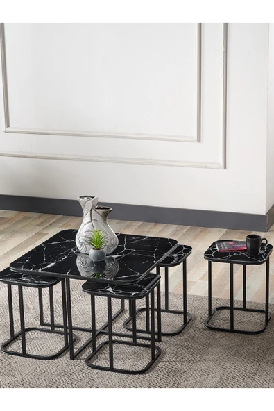 SEDAŞ LIVING UNITS PELİKAN 4+1 SİYAH MERMER TEMPERLİ CAM SİYAH METAL AYAK TAKIM SEHPA ürün görseli