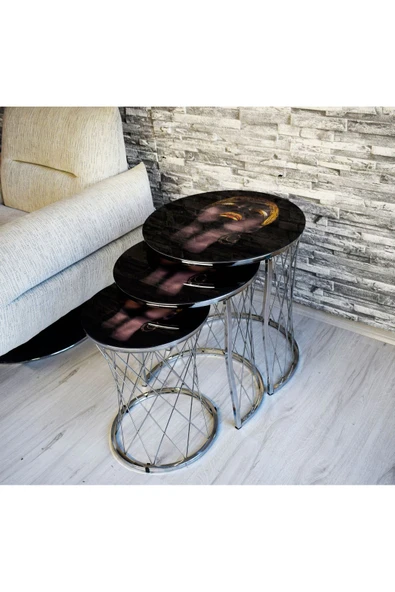 SEDAŞ LIVING UNITS 3 lü Hasır Model Arap Kızı (Temperli Cam) Gümüş Ayak Zigon Sehpa - 1