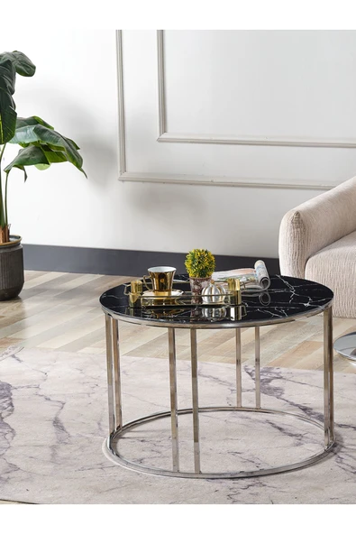 SEDAŞ LIVING UNITS 4 Lü Siyah Mermer Temperli Kırılmaz Cam Gümüş Metal Ayaklı Cam C Model Sehpa Takımı (ZİGON VE ORTA) - 3