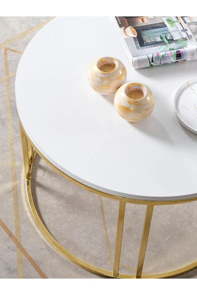 SEDAŞ LIVING UNITS Salon Orta Sehpa 70 CM  BEYAZ Suntalam (Gold) Metal Ayak Orta Sehpa - 2
