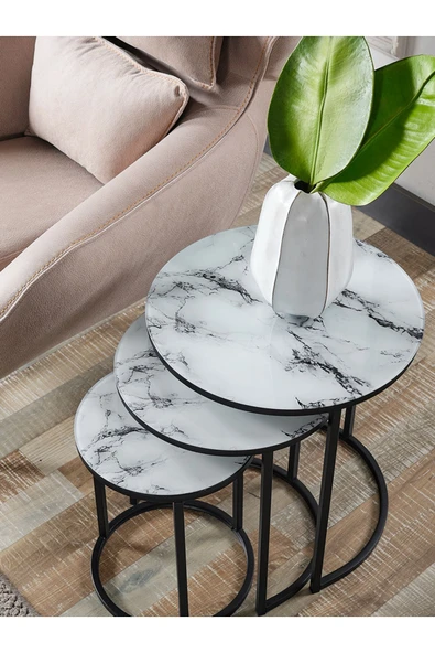 SEDAŞ LIVING UNITS 4 Lü Beyaz Mermer Temperli Kırılmaz Cam Siyah Metal Ayaklı Cam C Model Sehpa Takımı (ZİGON VE ORTA) - 4