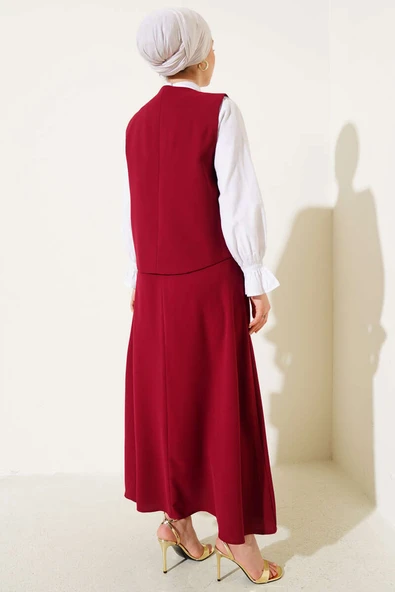 Gold Düğmeli Yelekli Etekli İkili Takım Bordo - Resim 3