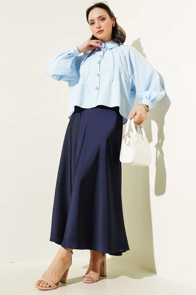 Balon Kol Taş Düğmeli Kısa Gömlek Bebe Mavi - Resim 2