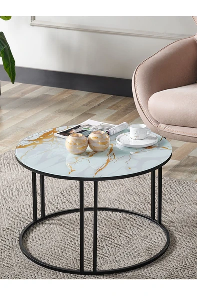 SEDAŞ LIVING UNITS 4 Lü Sarı Mermer Temperli Kırılmaz Cam Siyah Metal Ayaklı Cam C Model Sehpa Takımı (ZİGON VE ORTA) - Resim 3