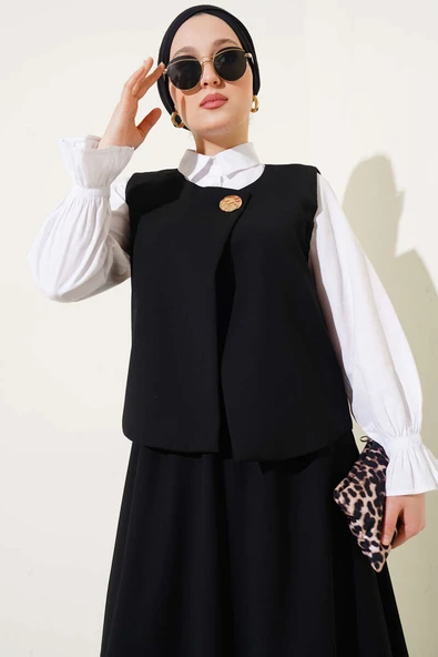 Gold Düğmeli Yelekli Etekli İkili Takım Siyah - Resim 2