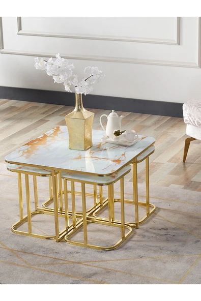 SEDAŞ LIVING UNITS PELİKAN 4+1 SARI MERMER TEMPERLİ CAM GOLD METAL AYAK TAKIM SEHPA - 2