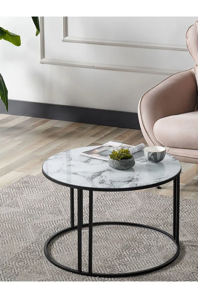 SEDAŞ LIVING UNITS Salon Orta Sehpa Beyaz Mermer Desenli Temperli Cam (SİYAH) Metal Ayak Orta Sehpa