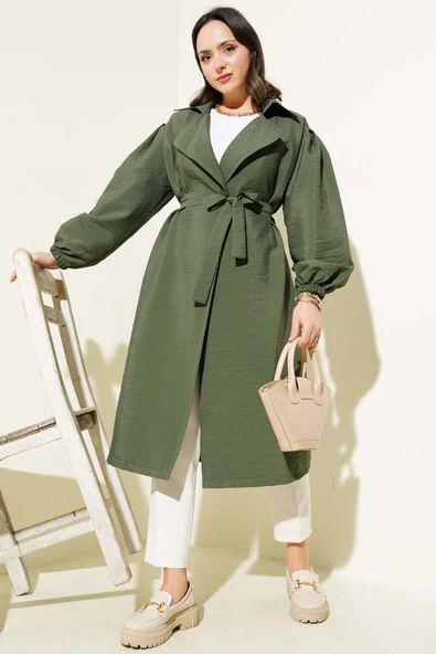 Balon Kol Kuşaklı Basic Uzun Kap Haki ürün görseli 1